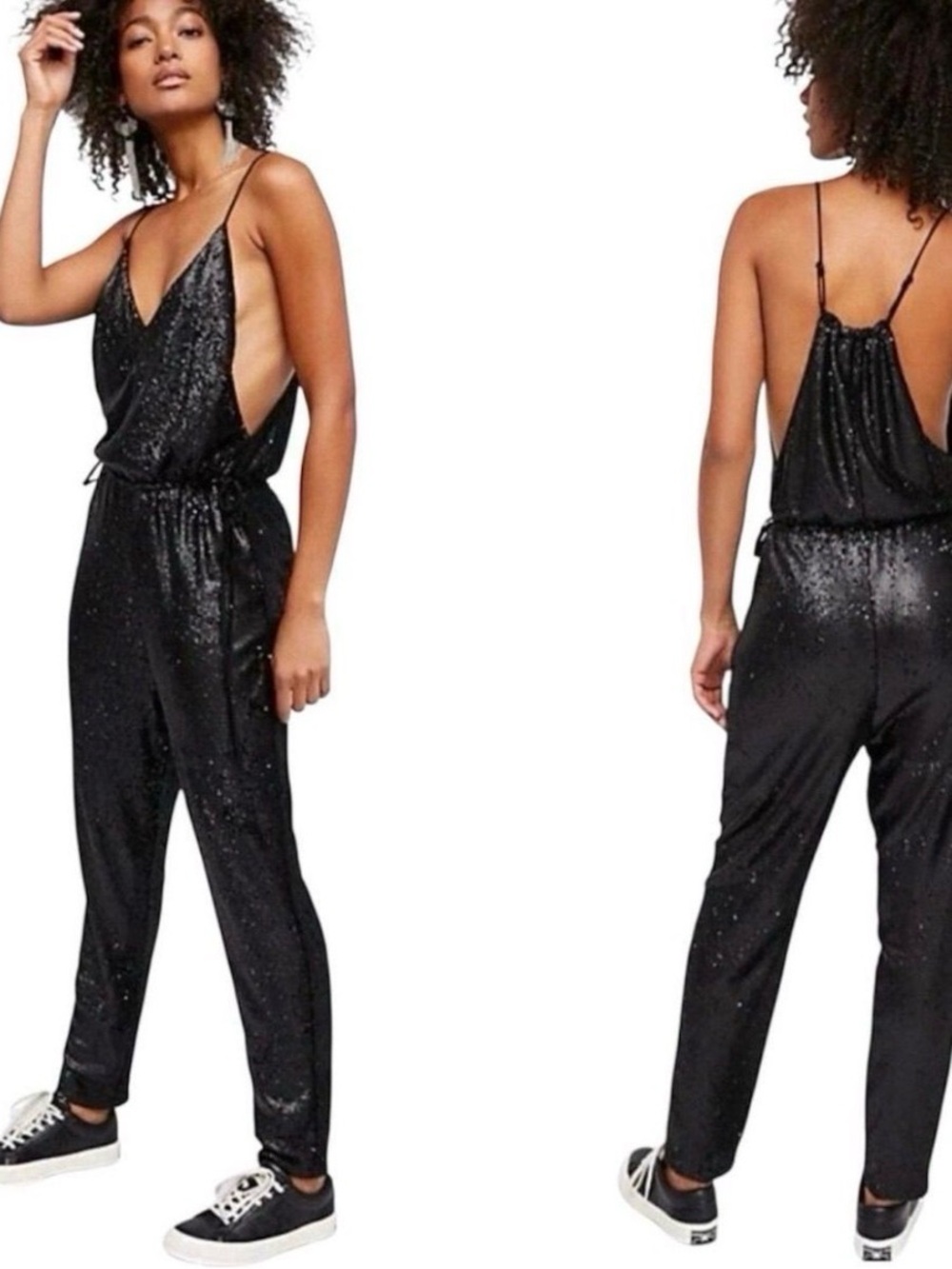 Free People Black Sequin Deep-V Spaghetti Strap Jumpsuit Sz S like new